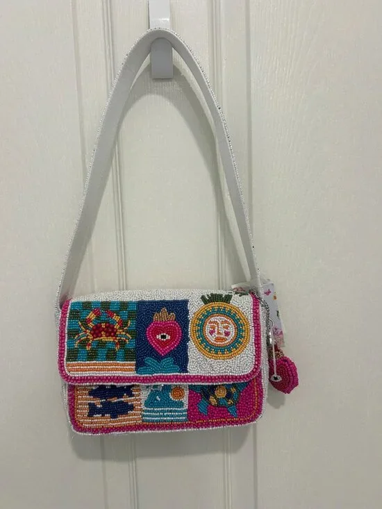 India Beaded Bag Evil Eye Crab Turtle  Summer Beach Towel Umbrella NWT - Picture 2 of 6